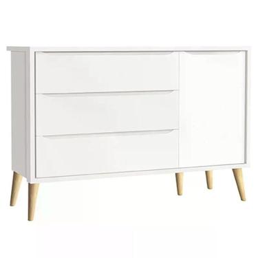 Imagem de Cômoda Infantil Theo 1 Porta E 3 Gavetas Branco Fosco Com Pés Madeira Natural - Reller Móveis Branco Fosco