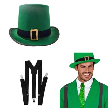 Imagem de Kit Fantasia São Patrício Masculina 2 Cartolas + Suspensório