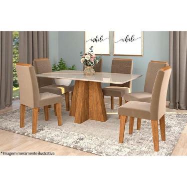 Imagem de Conjunto Sala De Jantar Patricia C- Tampo Madeirado C- Vidro Canto Reto 160x80cm E 6 Cadeiras Taís Savana-nature-madeirado-off White -velud-cimol