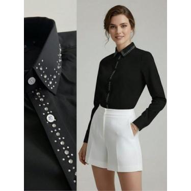 Imagem de Camisa Social Feminina com Linha de Strass Premium Preto Gola e Peito 