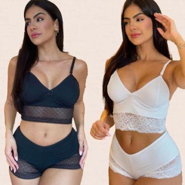 Imagem de Kit 2 Conjuntos Lingerie Canelado Confotavél Delicado Sem Bojo Shorts 
