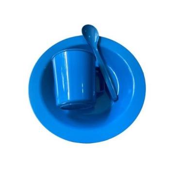 Imagem de Kit Merenda Escolar Azul Prato Colher Caneca Plástica 300 ML - 50 Pçs 
