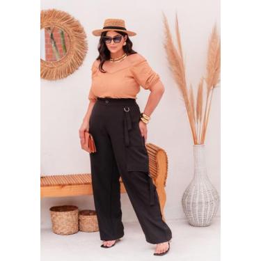 Imagem de Calça Pantalona Plus Size Cargo com Cintura Alta Cor:BegeTamanho:46 - 