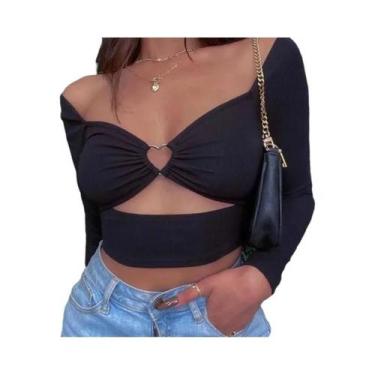 Imagem de Blusa Feminina Cropped Vazada Com Decote V E Manga Longa, Canelada, Se