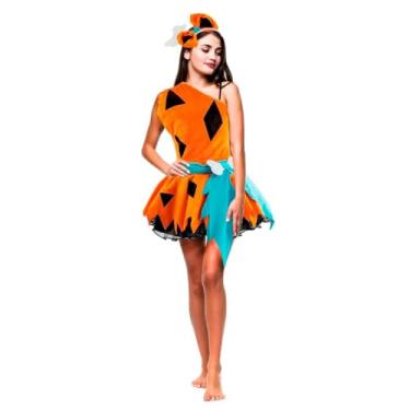 Imagem de Fantasia Pedrita Flintstone Mulher da Caverna Vestido Adulto Com Tiara (Laranja, PP 32-34)