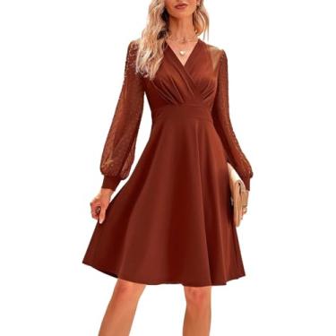 Imagem de Vestido Midi Feminino Vestidos De Coquetel Na Altura Do Joelho Linha A Cintura Alta Manga Longa Convidada Do Casamento, Caramel, S