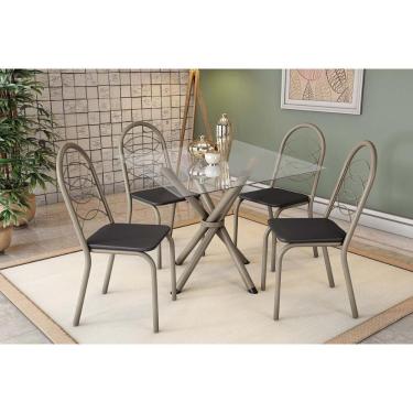 Imagem de Conjunto de Jantar Volga com 4 Lugares Tampo de Vidro com Cadeiras Holanda Niquel Courano Preto 90CM