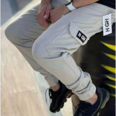 Imagem de Calça cargo jogger hi gh com punho masculina skate sarja, Bege claro, 