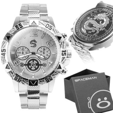 Imagem de relogio masculino prateado grande aço inox original + caixa dragão cas