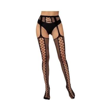 Imagem de Meias De Rede Femininas Com Strass E Abertura Na Virilha, Com Ligas, M