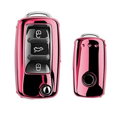Imagem de YJADHU Capa macia de TPU para chave de carro, adequada para VW Volkswagen Polo Golf Passat Beetle Caddy T5 Up Eos Tiguan Skoda A5 SEAT Leon Altea, A, rosa