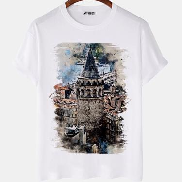 Imagem de Camiseta masculina Torre De Galata Istambul Aquarela Camisa Blusa Branca Estampada