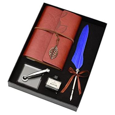 Imagem de HIOD Caneta tinteiro retrô caligrafia pena mergulho tinta escrita caderno conjunto base papelaria caixa de presente materiais escolares, azul