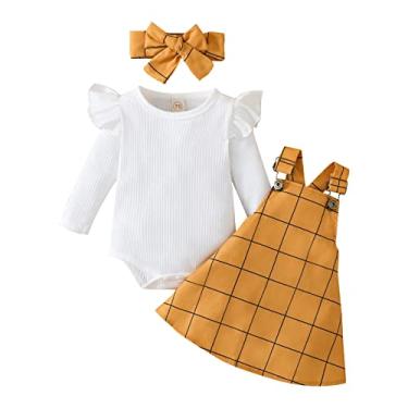 Imagem de Macaquinho infantil de manga comprida com nervuras e estampa xadrez, suspensórios, saia, faixa de cabeça para bebês (laranja, 12 a 18 meses)