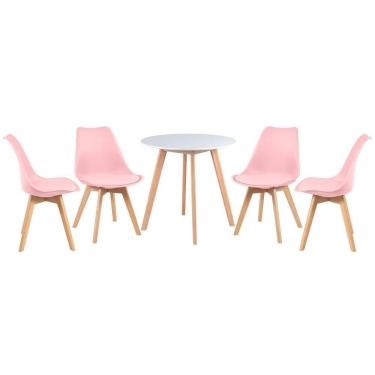 Imagem de Mesa De Jantar Redonda 70 Cm Branco + 4 Cadeiras Rosa Claro