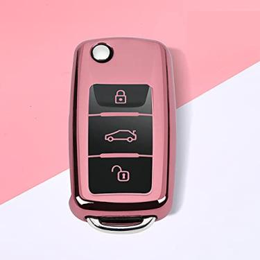 Imagem de YJADHU Chaveiro de capa de chave de carro, apto para VW Golf Bora Jetta POLO GOLF Passat Skoda octevia A5 Fabia Seat Leon, rosa