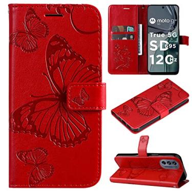 Imagem de Capas de telefone borboleta em relevo compatíveis com Motorola Moto G62 G 62 5G Capa de couro de luxo slots para cartão de visita clipe de carteira capa de telefone à prova de choque (vermelho, Moto G62 5G)