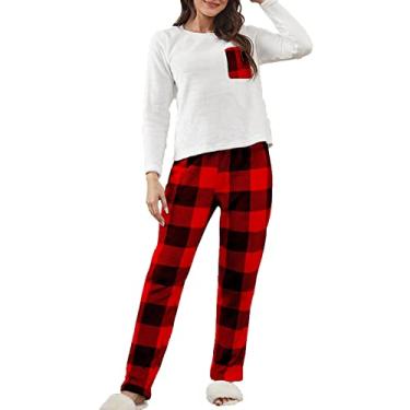 Imagem de Conjuntos de pijama feminino Grid manga longa roupa de dormir pijamas macios conjuntos de pijama de flanela ultra macia confortável duas peças, vermelho, GG (70kg/175cm)