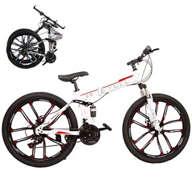 Imagem de Bicicleta dobrável portátil para adultos bicicletas dobráveis para adultos bicicleta de montanha dobrável com garfo de suspensão engrenagens de 66 cm bicicleta dobrável bicicleta da cidade moldura de aço de alto carbono, branca/10,27