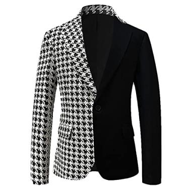 Imagem de Blazer de retalhos masculino um botão jaqueta casual festa roupas de formatura casual slim fit casaco diário lapela outwear para casamento, branco, M (busto: 94cm)