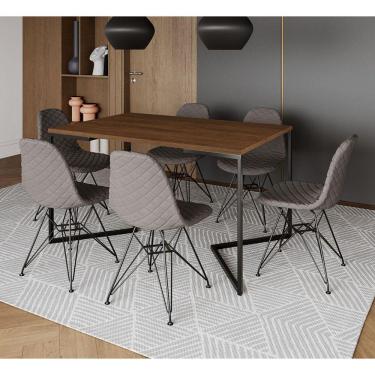 Imagem de Mesa Jantar Industrial Amêndoa 137x90cm Base V com 6 Cadeiras Eames Aço Preto Estofadas Grafite
