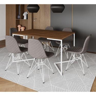 Imagem de Mesa Jantar Industrial Amêndoa Base V 137x90cm 6 Cadeiras Estofadas Eames Grafite Aço Branco 