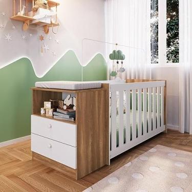 Imagem de Conjunto para Quarto de Bebê com Cômoda 2 Gavetas e Berço com Colchão Aconchego Completa Móveis Nogal Manchester/branco