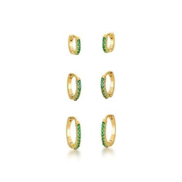 Imagem de Kit Brincos Argola Com Uma Fileira Zirconias Verdes Banhado A Ouro 18k