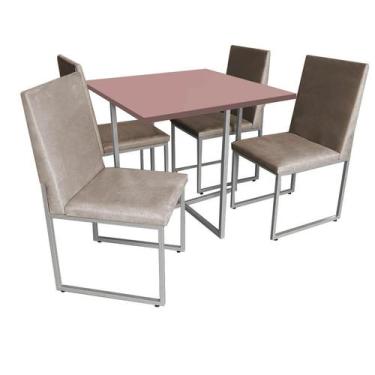 Imagem de Kit Mesa De Jantar Thales Com 4 Cadeiras Sttan Ferro Cinza Tampo Rose