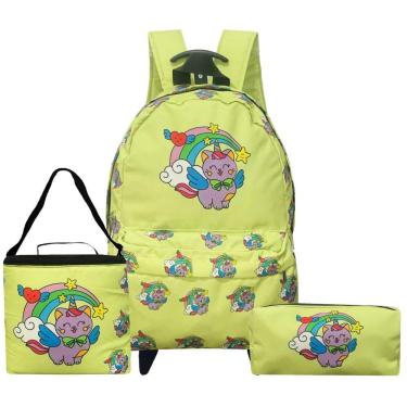 Imagem de Mochila Feminina Escolar Infantil Rodinha Unicórnio Gato Impermeável Costas Kit Lancheira Térmica Transversal Estojo