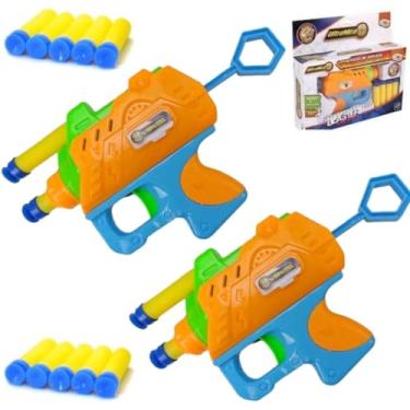 Imagem de KIT 2 Lançador De Dardos Brinquedo Infantil PISTOLA ARMA LANÇA 5 DARDOS MACIOS SEGURO QUE GRUDA ULTRA MIRA ARMINHA PRESSÃO ATIRA ACERTE O ALVO 15 CM