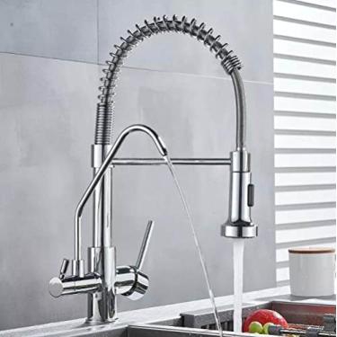 Imagem de Moderno cromo torneira da cozinha rotatble filtro dispositivo de água pura misturador de água quente e fria primavera cozinha deck instalação, cromo a