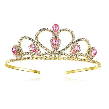 Imagem de Lovelyshop Tiara dourada com pedras rosas e strass para crianças pequenas e grandes, formatura e aniversário, coroa de princesas