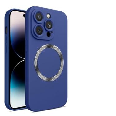 Imagem de FIRSTPELLA Capa magnética compatível com iPhone 15 Pro MAX, compatível com carregador sem fio Magsafe, capa fina de silicone macio, capa protetora total à prova de choque para lentes de câmera - azul