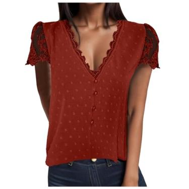 Imagem de Blusas femininas de renda com manga bufante, gola V, gola redonda, crochê, blusas soltas de verão, C#_laranja, GG