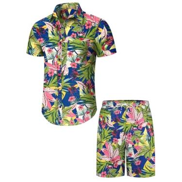 Imagem de Runcati Conjunto masculino havaiano de manga curta, 2 peças, casual, com botões, estampa floral, camisa de praia e shorts, Azul, G