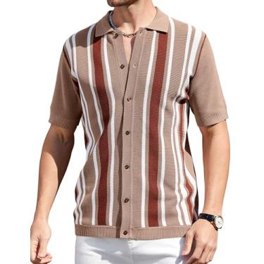 Imagem de Atforna Camisa polo masculina de malha vintage listrada manga curta abotoada leve golfe 2024 primavera verão, Vermelho camelo, G