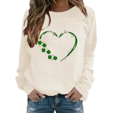 Imagem de Camiseta feminina de manga comprida com estampa de coração de trevo verde de São Patrício, Bege, P