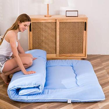 Imagem de MAXYOYO Colchão de chão japonês, colchão futon, almofada de dormir espessa, dobrável, futon de chão para adultos, tapete de tatame, dormitório, espreguiçadeira, azul acinzentado, tamanho casal