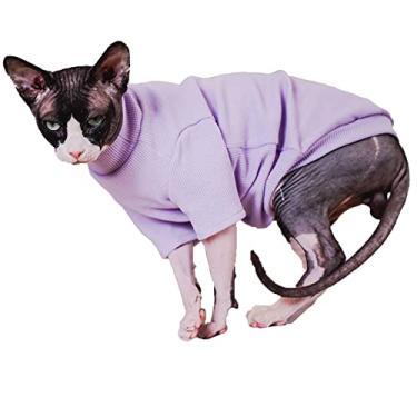 Imagem de Sphynx Roupas para gatos outono malha sólida camisetas waffle elasticidade respirável pulôver gola alta gatinho roupas para animais de estimação (M (2,7-3,5 kg), roxo)