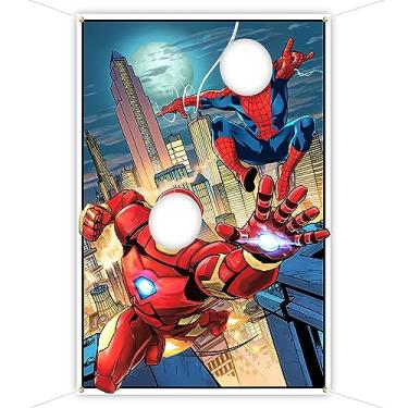 Imagem de Pano de fundo de super-herói de quadrinhos 1 x 1,5 m, adereços de foto com recorte de rosto de super-herói, fundo de fotografia de quadrinhos de paisagem urbana, decoração de festa de aniversário de super-heróis, adereços de cabine de fotos infantis