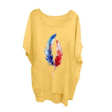 Imagem de Blusa feminina de linho, estampa de penas, vermelha, branca, azul, casual, gola redonda, manga curta, túnica gráfica, Amarelo, P