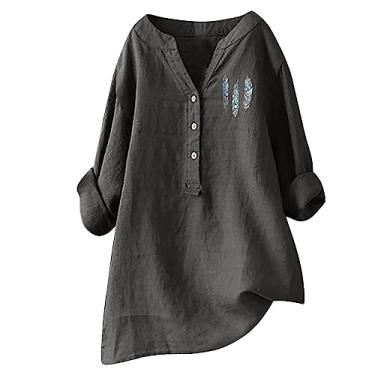 Imagem de Camisas de linho grandes para mulheres, casuais, soltas, gola V, gola V, túnica, confortável, básica, abotoada, blusas de manga comprida, Z07 - Cinza escuro, 3G