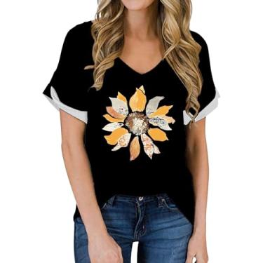 Imagem de Camiseta feminina com estampa de girassol casual solta manga curta gola V básica blusa túnica gráfica floral verão, Preto, GG