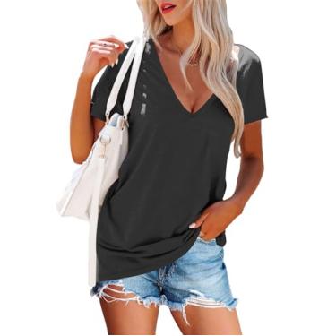 Imagem de Topstype Camisetas femininas casuais de manga curta com decote em V profundo, Carvão preto, G