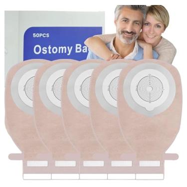 Imagem de 50 unidades de sacos de colostomia, suprimentos de ostomia de 15 mm-65 mm, bolsa drenável de uma peça para cuidados com o estoma de leostomia, cortado para caber