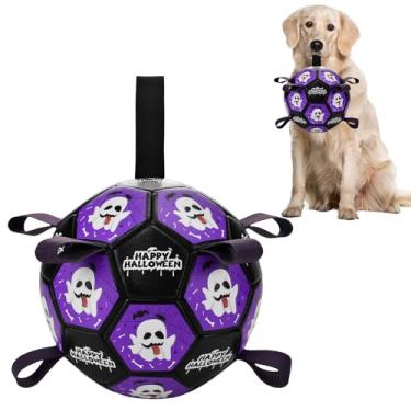 Imagem de LyssKMK Brinquedo de futebol para cães com alças brinquedo interativo para cães de Halloween para cabo de guerra Dia das Bruxas Brinquedo de bola de puxar para cães com padrão de fantasma para cães