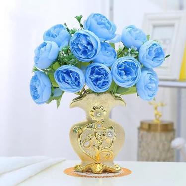 Imagem de Hbluefat Flores falsas em vaso, mini flor artificial com vaso de cerâmica dourado, arranjos de flores falsas pequenas de seda para mesa de jantar de escritório em casa, decoração de mesa de centro de