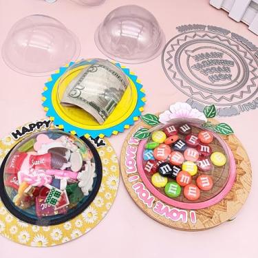 Imagem de Alinacutle 1 coqueteleira circular de feliz aniversário com moldura redonda e 5 peças de plástico transparente, suporte de doces, moldes de corte de metal, para embalagem de presente, caixa de