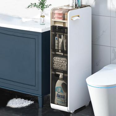 Imagem de Armário de piso de canto de armazenamento de banheiro fino Armário lateral de banheiro Armário de piso de banheiro multicamadas com rodas Unidade organizadora de papel higiênico estreita Arm